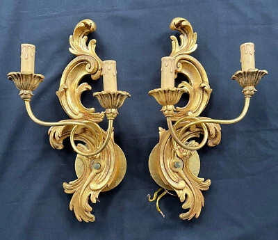 ВИНТАЖ 1960-х ПАРА ГОЛЛИВУДСКИХ РЕГЕНТСКИХ БРА В СТИЛЕ РОКОКО С ДВОЙНЫМИ РУКАМИ ЗОЛОТИСТЫЕ ДЕРЕВЯННЫЕ ЛЕГКИЕ - Изображение 1 из 4