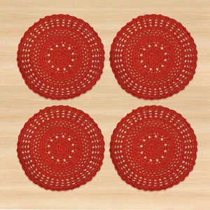 4pcs Round Handmade Crochet Placemats Red Cotton Table Doilies 13.7inches - Picture 1 of 8