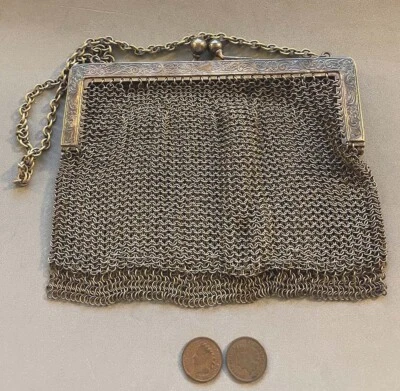 Victorian Antique German Silver Chain Link Mesh Purse Handbag + 2 Indian Penny - Image 1 of 4