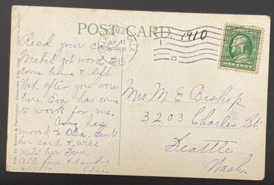 Oklahoma (City), Oklahoma Post Card, posted Jun 17, 1910, to Seattle, WA - OK - Image 1 of 2