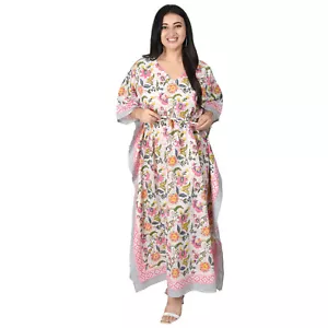 Women's Ethnic robe Block Print Sanganeri Cotton Maxi Kaftan Nightwear Dress - Picture 1 of 5