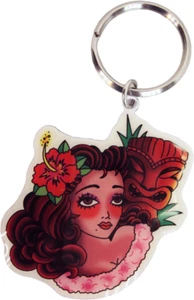 Keychain - Tiki Girl Statue Lei Hula Hibiscus Hawaiian METAL Fob Keyring #32037 - Picture 1 of 2