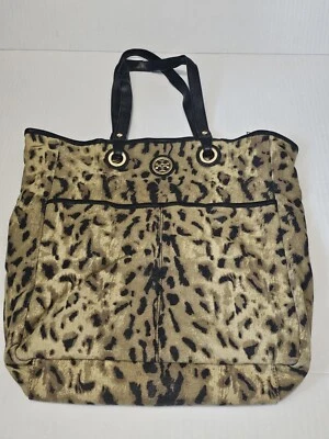 Tory Burch Tote Bag Womens Beige Black Canvas Leopard Print Leather Straps - Image 1 of 4