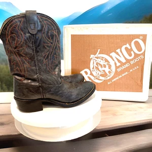 Bronco Cowboy Boots Kids 2.5D Black Vegan Leather Colorful Stitching Cowboy USA - Picture 1 of 17