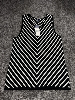 Blusa CHAPS Feminina Tamanho XL Preta Branca Decote V Sem Mangas Listrada Algodão Nylon Nova - Imagem 1 de 4