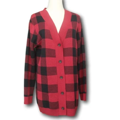 Cárdigan DENIM & CO (M) a Cuadros Cuello en V Botón Delantero Rojo y Negro QVC #A522802 Foto 1 de 3
