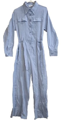 Bluivy Harper Button Down Tie Waist Jumpsuit Womens S Blue Cotton Straight Leg - Image 1 of 4