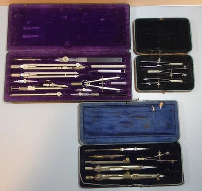 Lote de 3 Juegos de Dibujo Antiguos De Colección Instrumentos de Dibujo Brújula Divisores Pluma Foto 1 de 4