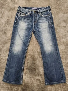 MEK Denim Women Boot Cut, Dark Wash Distressed Sz 32 R, Button Fly Embroidered - Picture 1 of 12