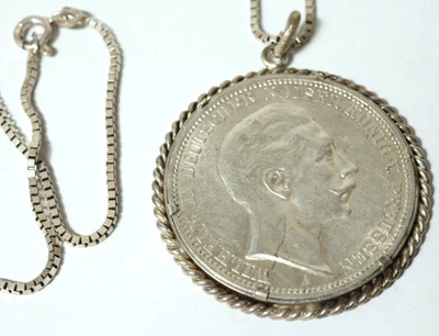 Alte 3 Mark Münze 835 Silber Anhänger Kaiserreich Wilhelm Preussen Halskette 925 - Bild 1 von 4