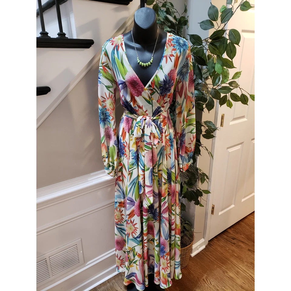 Vestido longo Ark & Co. feminino pequeno multi floral forrado gravata cintura envoltório gola V - Imagem 1 de 4