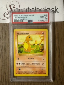 PSA 10 - Pokemon CHARMANDER 46/102 - SHADOWLESS BASE SET - MINT Original Starter - Picture 1 of 2