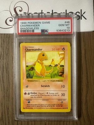 PSA 10 - Pokemon CHARMANDER 46/102 - SHADOWLESS BASE SET - MINT Original Starter - Image 1 of 2