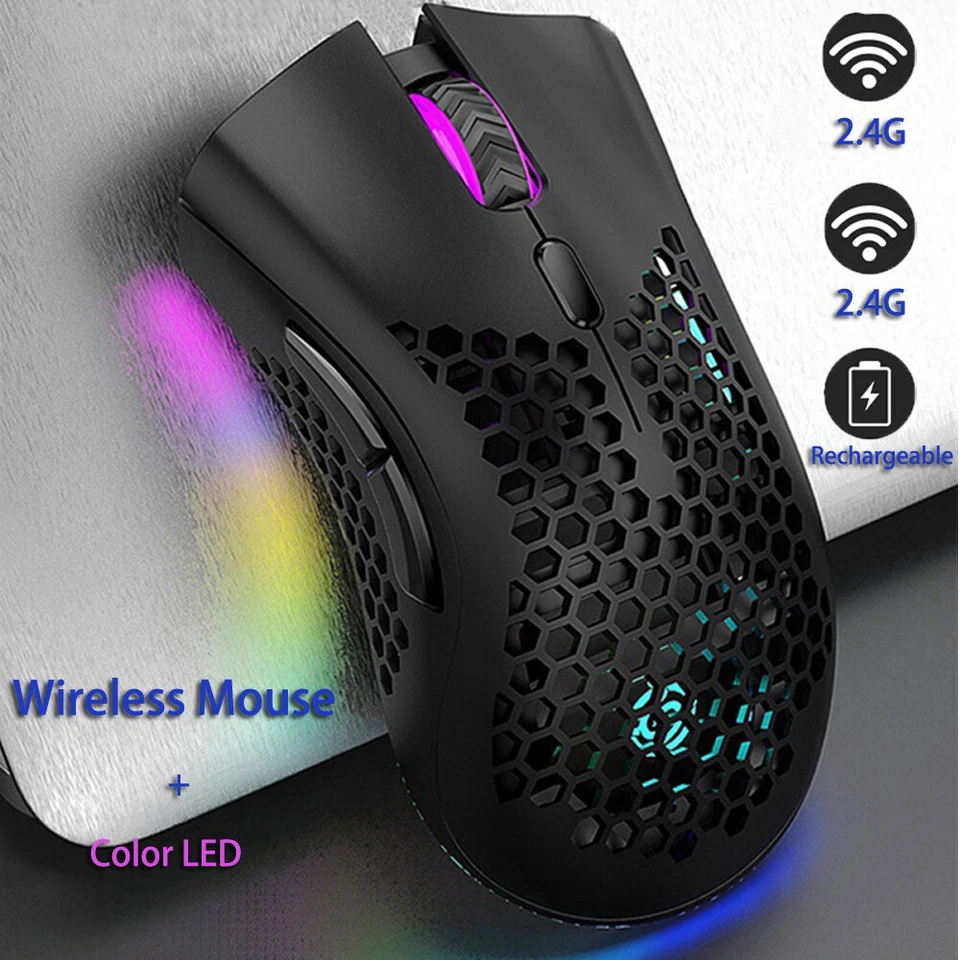 Black Wireless Gaming Mouse RGB Light LED Rechargeable Wireless For Laptop PC - Image 1 of 4