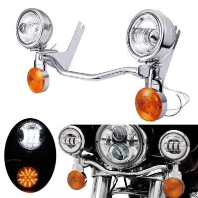 Chrome 4.5" LED Fog Spot Passing Lights Bracket Bar For Harley Road King FLHR - Image 1 of 4