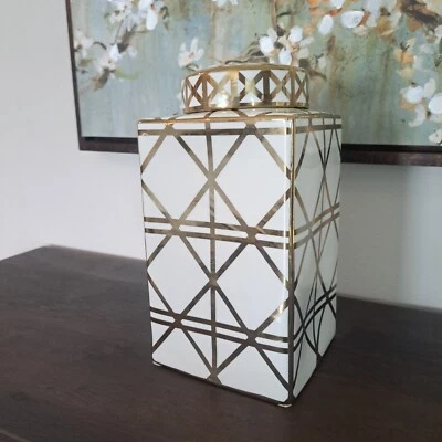 Art Decor Geometric Design Gold And White Ceramic Jar With Lid - Image 1 of 4