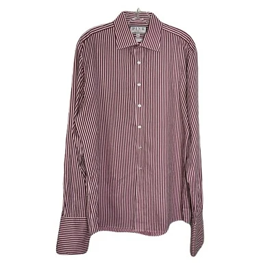Thomas Pink Dress Shirt Mens 16.5 Slim Fit French Cuff Stripe Pink Red #b01 - Image 1 of 4