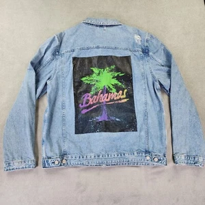 Asos Denim Trucker Jacket Mens 4XL Long Blue Distressed Bahama Graphic Print - Picture 1 of 22