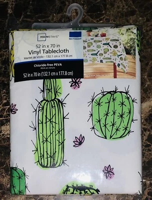 Mainstays Vinyl Tablecloth 52" x 70" NEW Cactus Themed White Green Reusable - Image 1 of 2