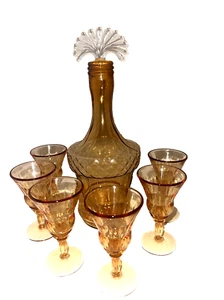 New Martinsville #15 Antique Amber Decanter with 6 Stemmed Cordial Glasses @195 - Picture 1 of 3