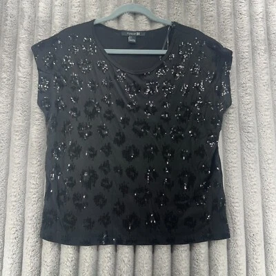 Forever 21 Sleeveless Top Women's L Black Sequin Sparkle Blouse Round Neck Goth - Image 1 of 4