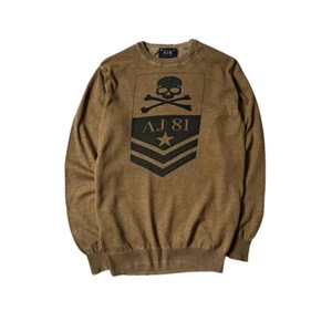 Men's Armani Jeans 81 Skull Logo Brown Y2K Style Light Sweater Size M - Picture 1 of 6