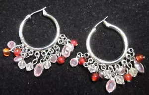 Silver Tone Metal Hoop w/ Red, Pink & Clear Tassel Beads Dangle Drop Earrings - Picture 1 of 5