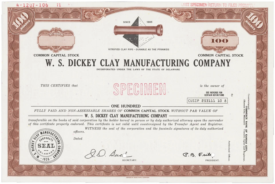 W.S. Dickey Clay Manufacturing Company. Certificado de stock Foto 1 de 1