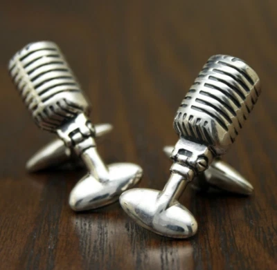 Diseño de micrófono de radio retro años 50 en plata maciza 935 Argentium gemelos para hombre Foto 1 de 4