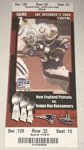 12/17/05 Buccaneers New England Patriots Ticket Stub Tom Brady Touchdowns x3 TDs Cover