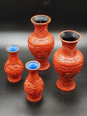 剔红漆器赏瓶 Grupo antiguo chino Qing tallado a mano cinabrio laca arte flores jarrones Foto 1 de 4