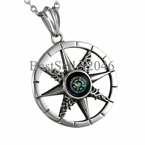 Vintage Men Women Nautical Working Compass Pendant Stainless Steel Necklace 22" - Picture 1 of 5