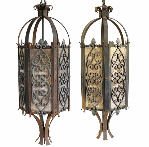 Pair Vintage American Albert Sechrist Bronze & Mica Pendant Lanterns c. 1929 Cover