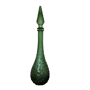 Décanteur de bouteille génie italien vintage Empoli 18 pouces en verre hobnail avec bouchon vert