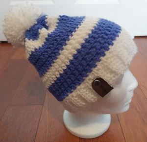 Handmade Crochet Womens Girls Blue Periwinkle White Striped Hat Beanie Pom Pom - Picture 1 of 4