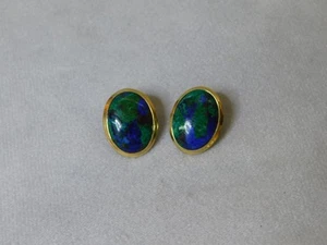 Stunning 14k Yellow Gold & Oval Azurite Malachite Clip Earrings - Picture 1 of 6