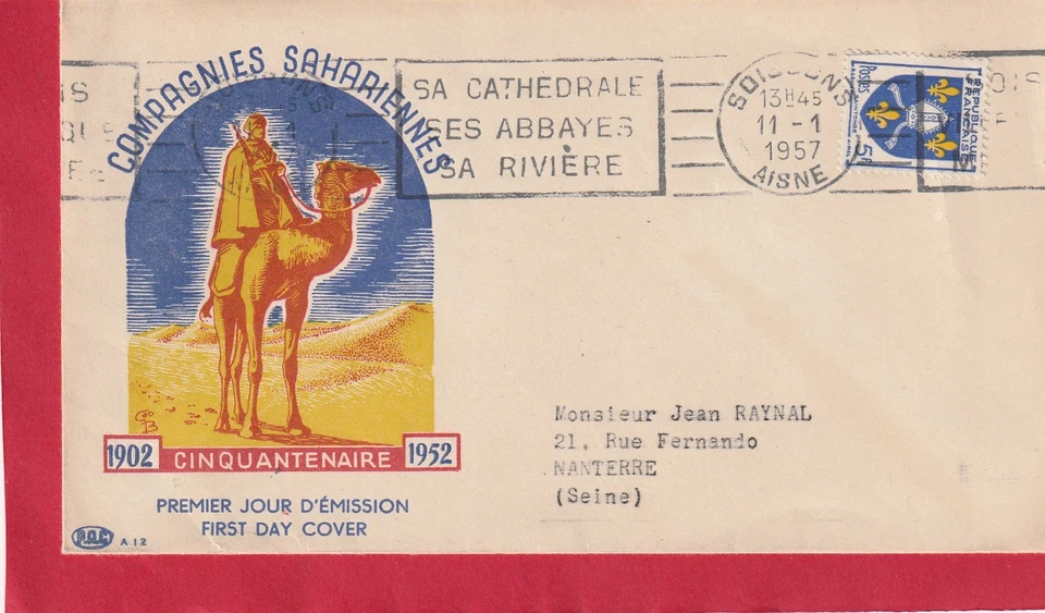 ENVELOPPE  1er JOUR FDC 1957 COMPAGNIES SAHARIENNES  FLAMME - Photo 1/1