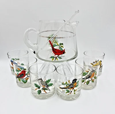 套装西弗吉尼亚玻璃美国鸣鸟 6 岩石,鸡尾酒罐和搅拌复古 — 第 1/4 张图片