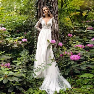Boho A-Line Wedding Dresses V-Neck Long Sleeves Lace Flowers Beach Bridal Gowns - Picture 1 of 7