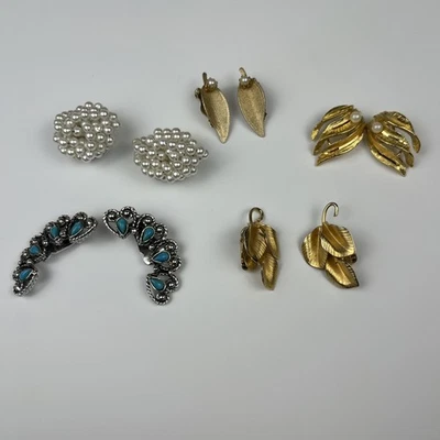 Lote de 5 pares de pendientes de clip vintage para mujer perla tono dorado estilo turquesa Foto 1 de 4