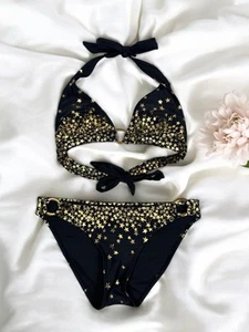 Gold Black Metallic Bikini Swimsuit Set Stars Sexy Festival Beach Y2K Vacation M - Picture 1 of 9