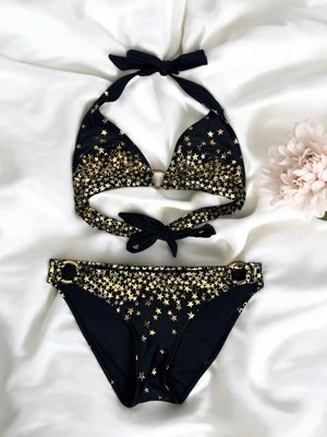 Conjunto de Traje de Baño Bikini Dorado Negro Metálico Estrellas Sexy Festival Playa Y2K Vacaciones M Foto 1 de 4