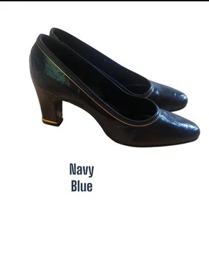 AZUL MARINO Dorado Vintage Mod Tacones Gruesos Zapatos de Vestir Para Mujer Talla 6.5 Gruesos Años 60 70 Foto 1 de 4