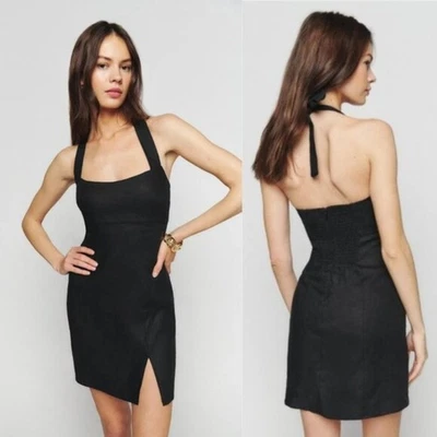 Reformation | Isha 100% Lino Halter Corbata Mini Solero Vestido Costero Negro Talla 0 Foto 1 de 4
