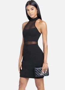 BEBE Black Halter Illusion Mesh Cut Out Mini Dress Sexy Club Youth Sheer Size XL - Picture 1 of 13