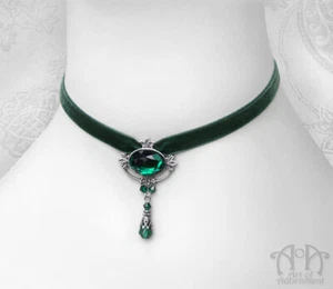 Gothic GREEN CRYSTAL VELVET CHOKER Ribbon Necklace Glass Beaded Victorian Silver - Picture 1 of 4