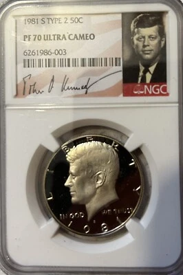1981 S Type 2 Kennedy Half Dollar 50C PF70 Ultra Cameo NGC Signature Label - Image 1 of 2