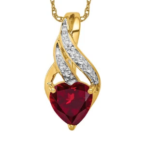 14K Solid Yellow Gold Diamond Lab Ruby Heart Necklace - Picture 1 of 12