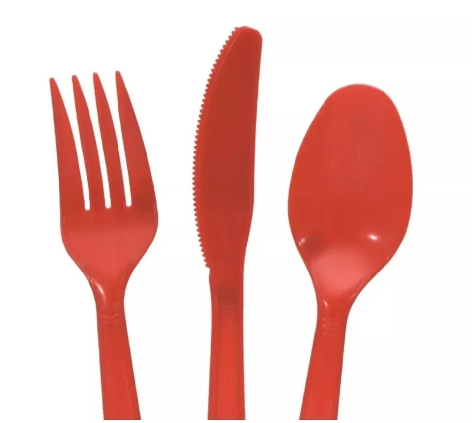 Оранжевые пластиковые комбинированные столовые приборы (ложки, вилки и ножи) 48 штук  - Изображение 1 из 3