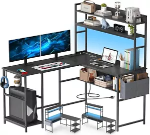 Yornoli L Shaped Gaming Desk LED Lights Power Outlet Computer Shelves Black HSEG - Picture 1 of 7